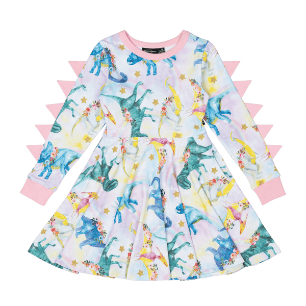 Rock Your Baby Dinosaur Parade Long Sleeve Waisted Dress in Multi