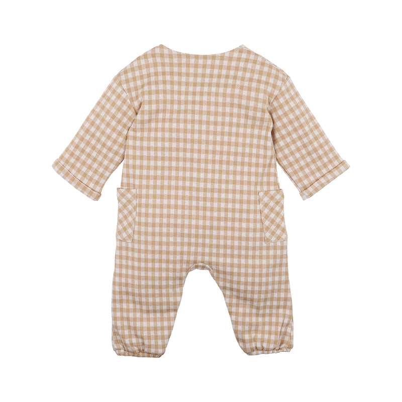 Fox & Finch Wheat gingham LS romper in light brown