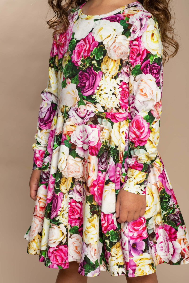 Rock Your Baby Flower Wall Long Sleeve Waisted Dress in Floral Multi