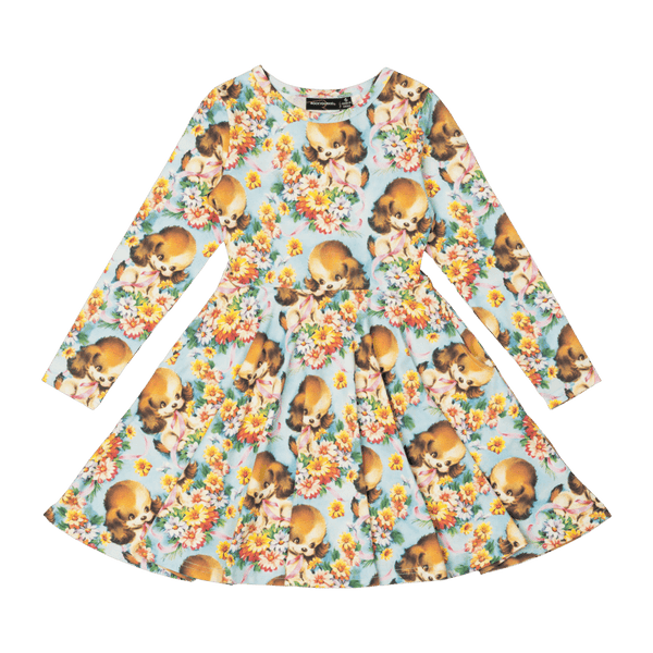 Rock Your Baby Puppy Love Long Sleeve Waisted Dress in Multi