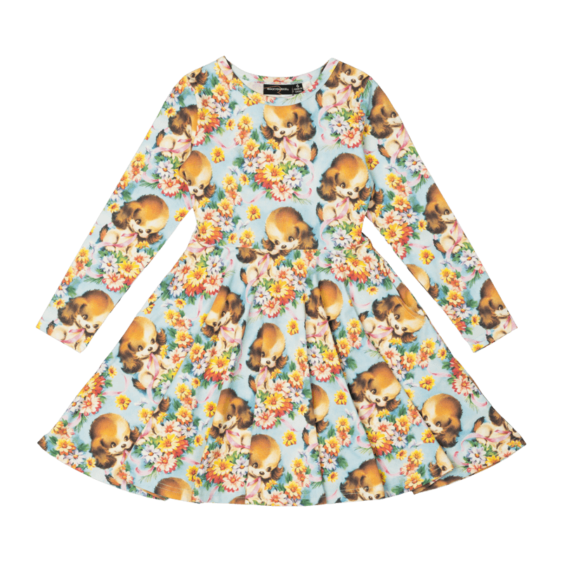 Rock Your Baby Puppy Love Long Sleeve Waisted Dress in Multi
