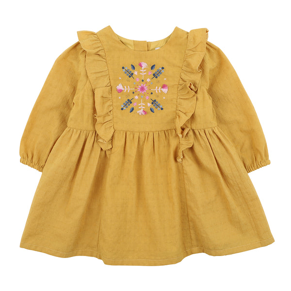 Fox & Finch jungle cat embroidered dress mustard in yellow