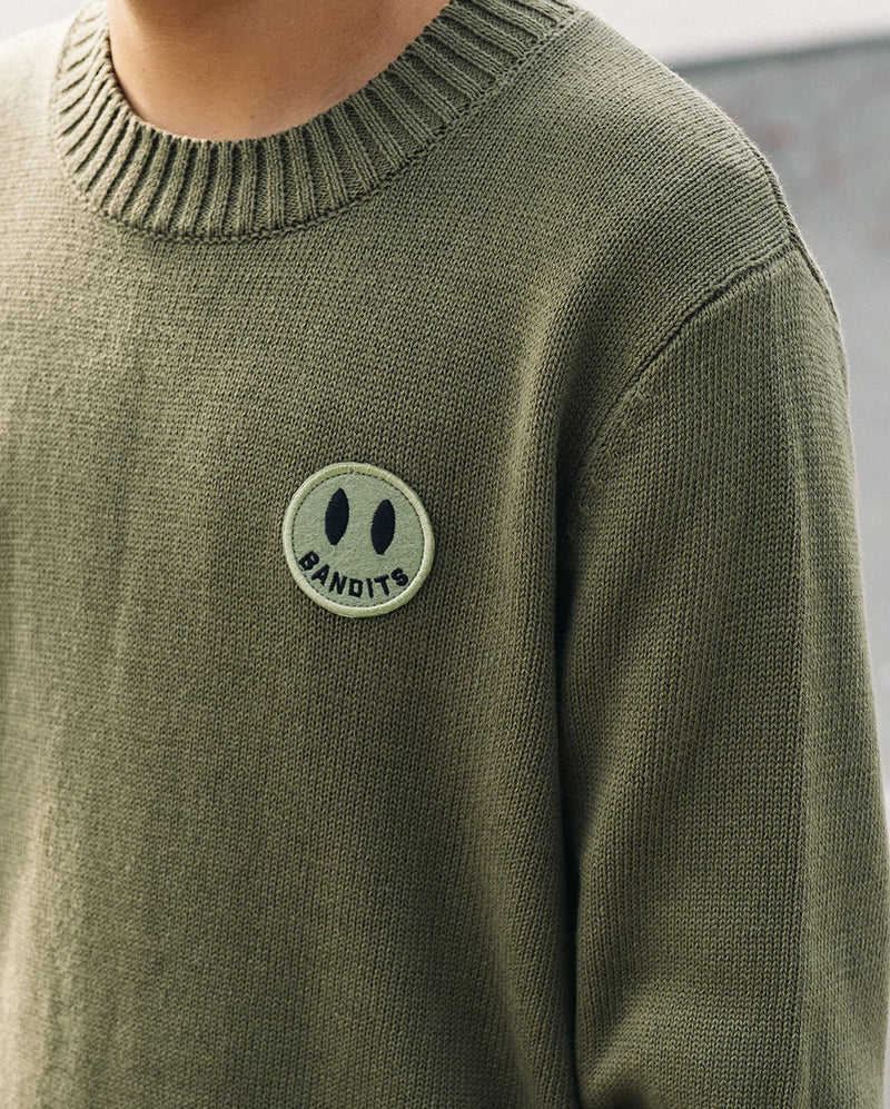 Band of boys bandits jumper smiley knit crew in moss green