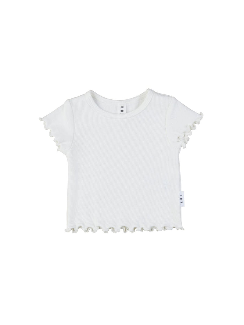 Huxbaby Rib T-Shirt with lettuce edge in off white