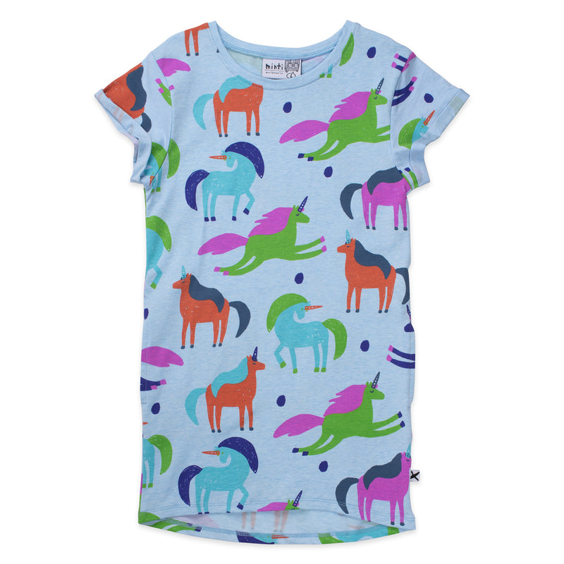 Minti dancing unicorns dress cornflower marle in blue