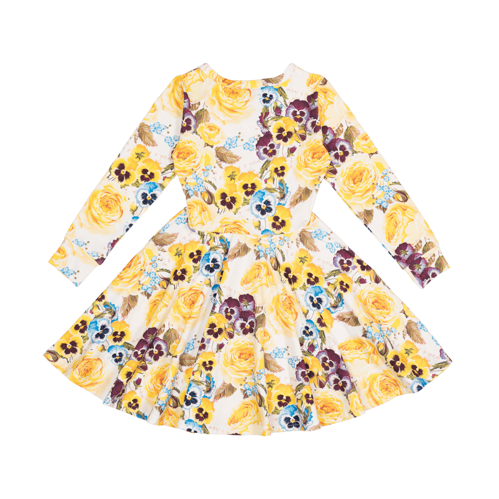 Rock your baby yellow pansy LS waisted dress in yellow