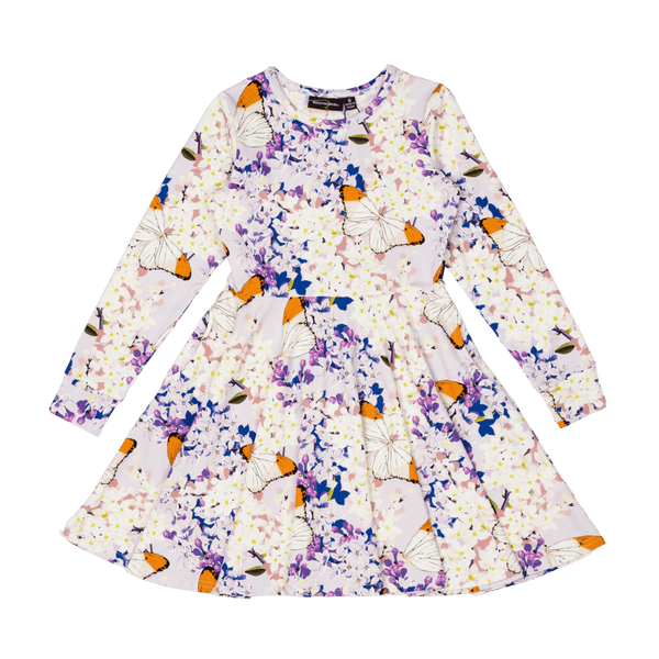 Rock Your Baby Lilac Florals Long Sleeve Waisted Dress in Floral Multi