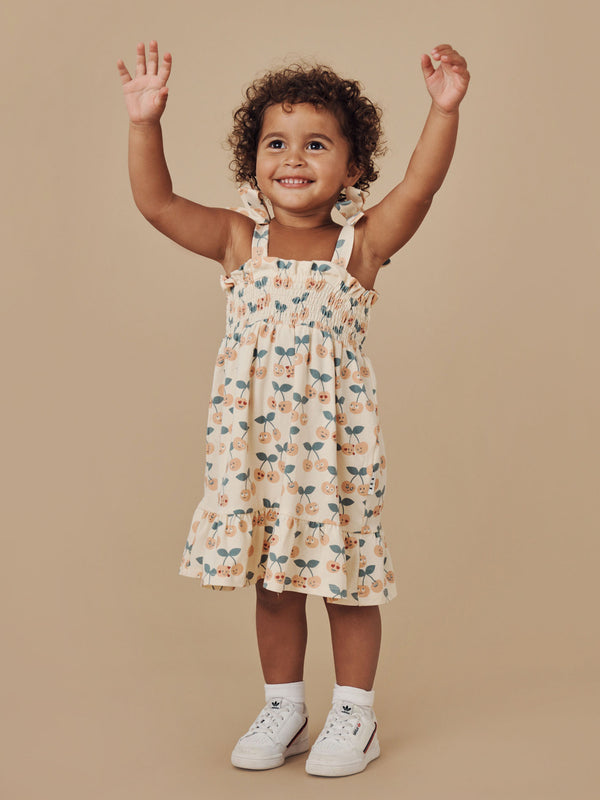 Huxbaby cherry shirred dress cherry surprise print in cream