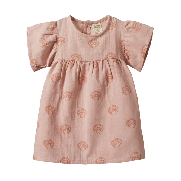 Nature Baby clementine Scallop shell dress in Rose dust print