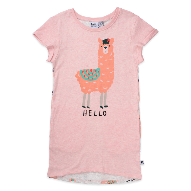 Minti hello bye llamas dress in pink and white marle