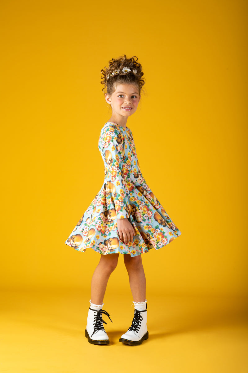Rock Your Baby Puppy Love Long Sleeve Waisted Dress in Multi
