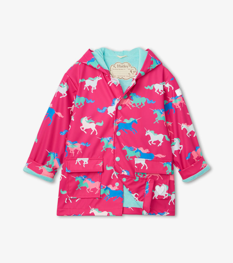 Hatley frolocking Unicorns Colour Changing Raincoat in pink