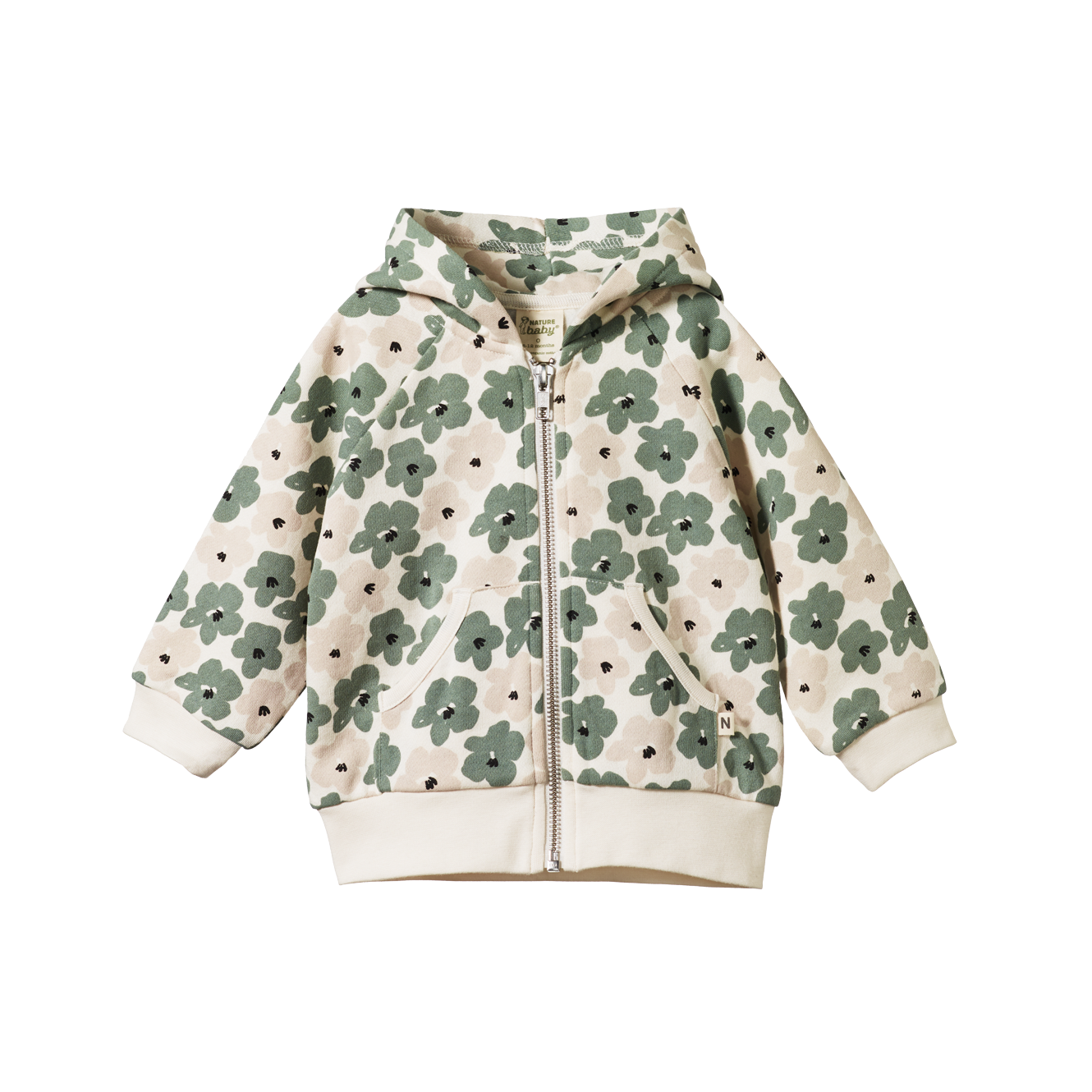 Nature Baby Hooded Sweatshirt painted pansy print in natural