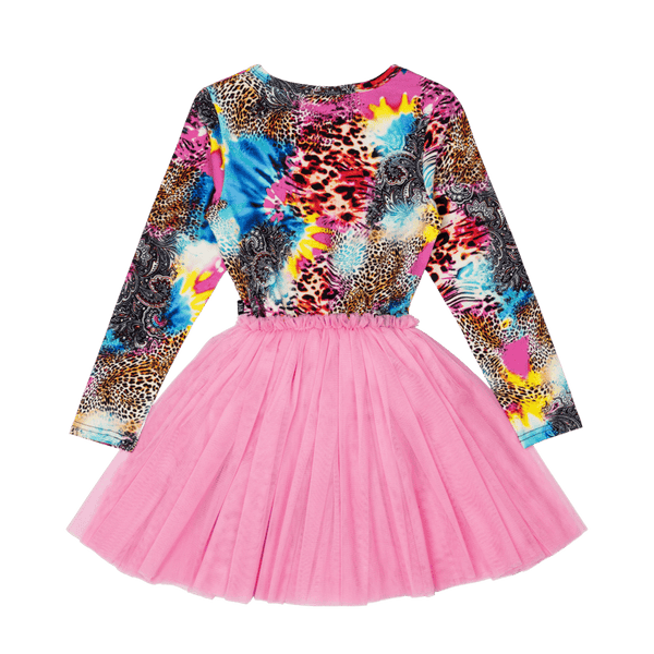 Rock Your Baby Abstract Leopard Long Sleeve Circus Dress in Multi