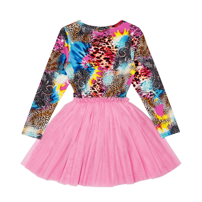 Rock Your Baby Abstract Leopard Long Sleeve Circus Dress in Multi