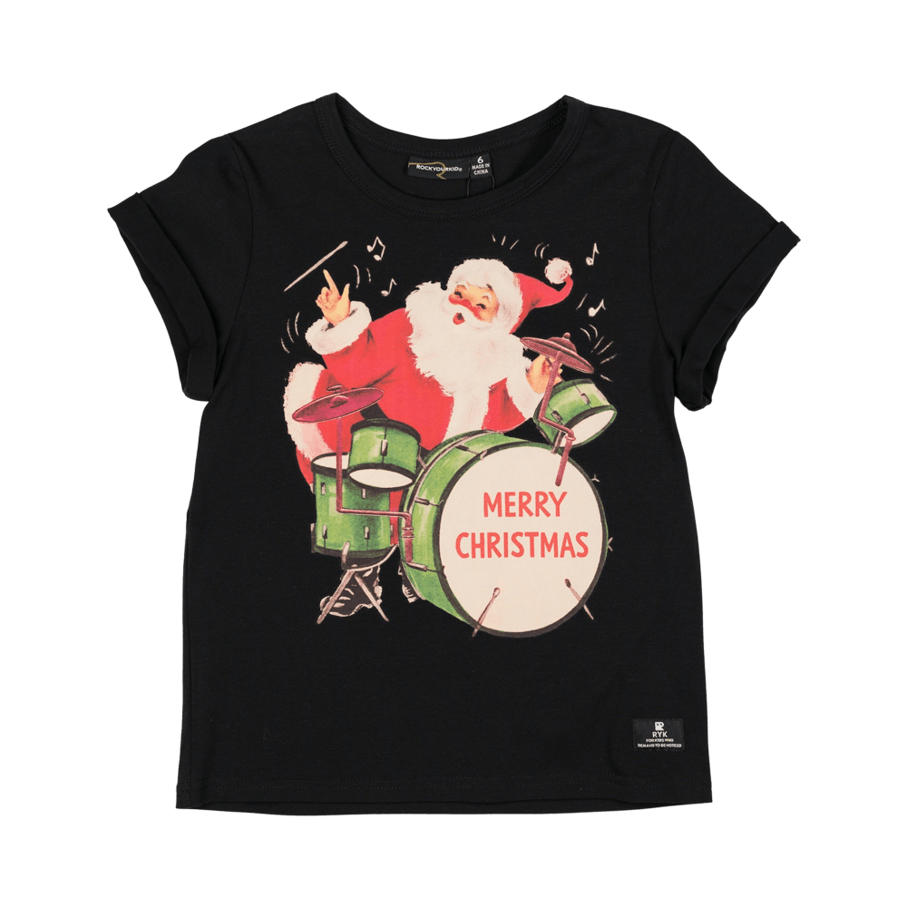 Rock your baby Christmas santa drummer t-shirt in black