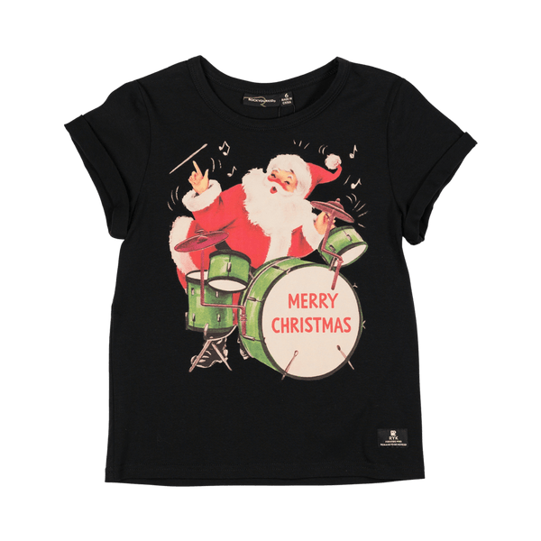 Rock your baby Christmas santa drummer t-shirt in black