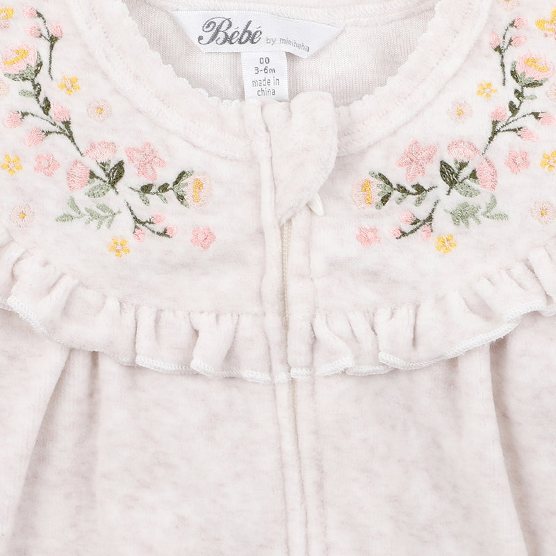 Bebe Noa velour zip embroidered onesie in cream