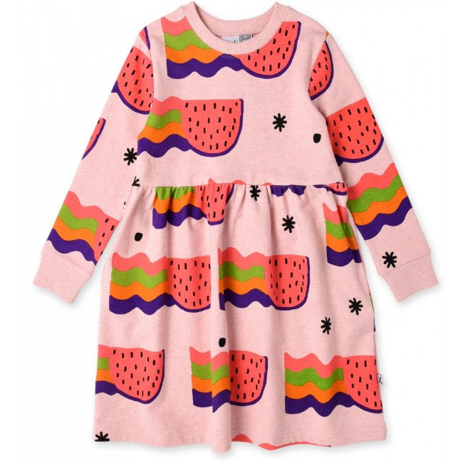minti watermelon rainbows long sleeve girls winter dress showing the vibrant pink colours MNT753-W20-WR-PM