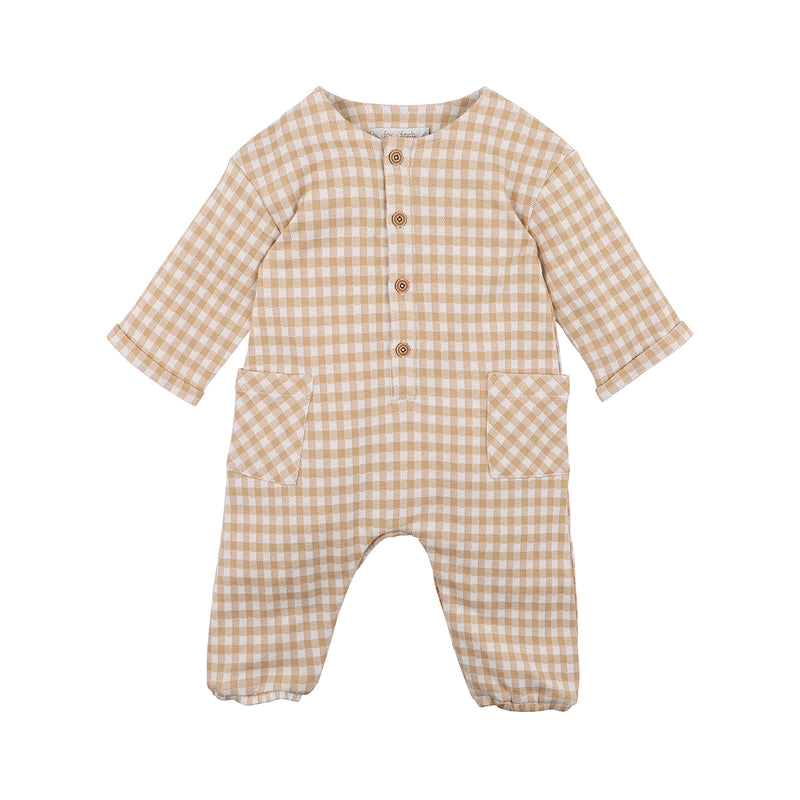 Fox & Finch Wheat gingham LS romper in light brown