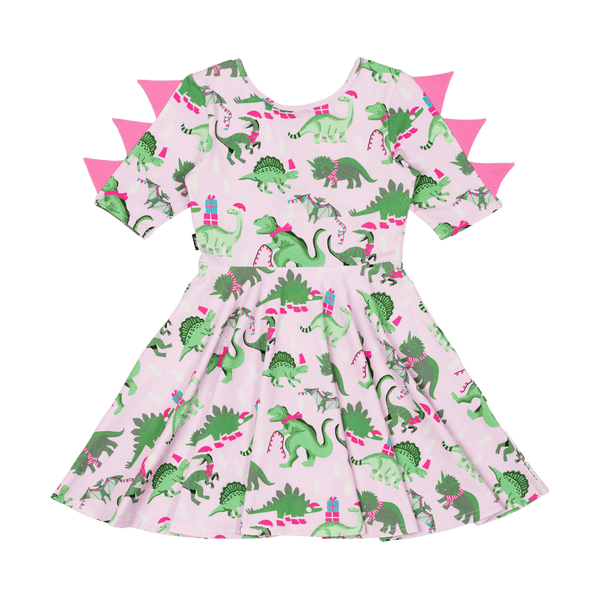 Rock Your Baby pink dino SS waisted dress in pink