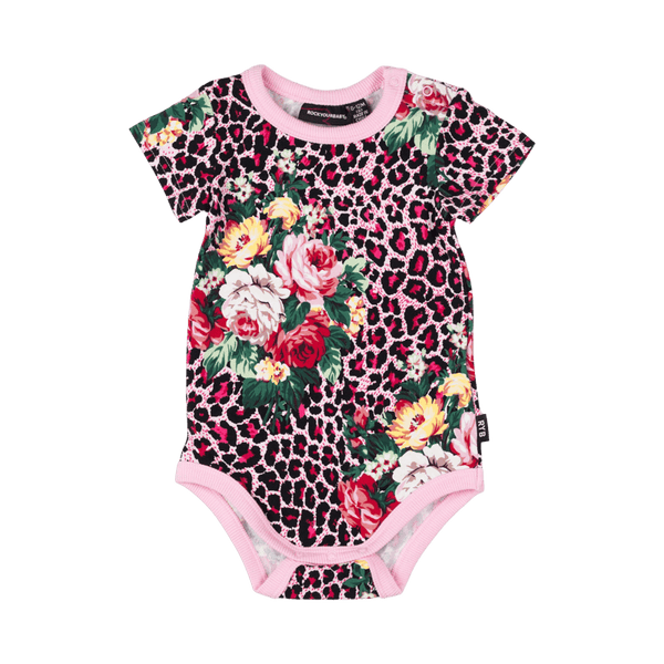 Rock your baby pink leopard floral baby bodysuit