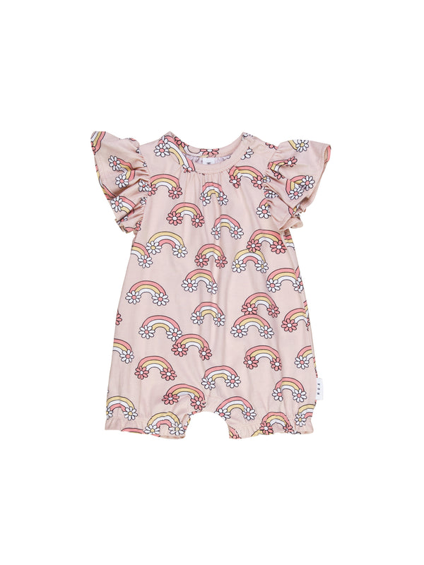 Huxbaby Daisy rainbow frill bubble romper Rose in pink