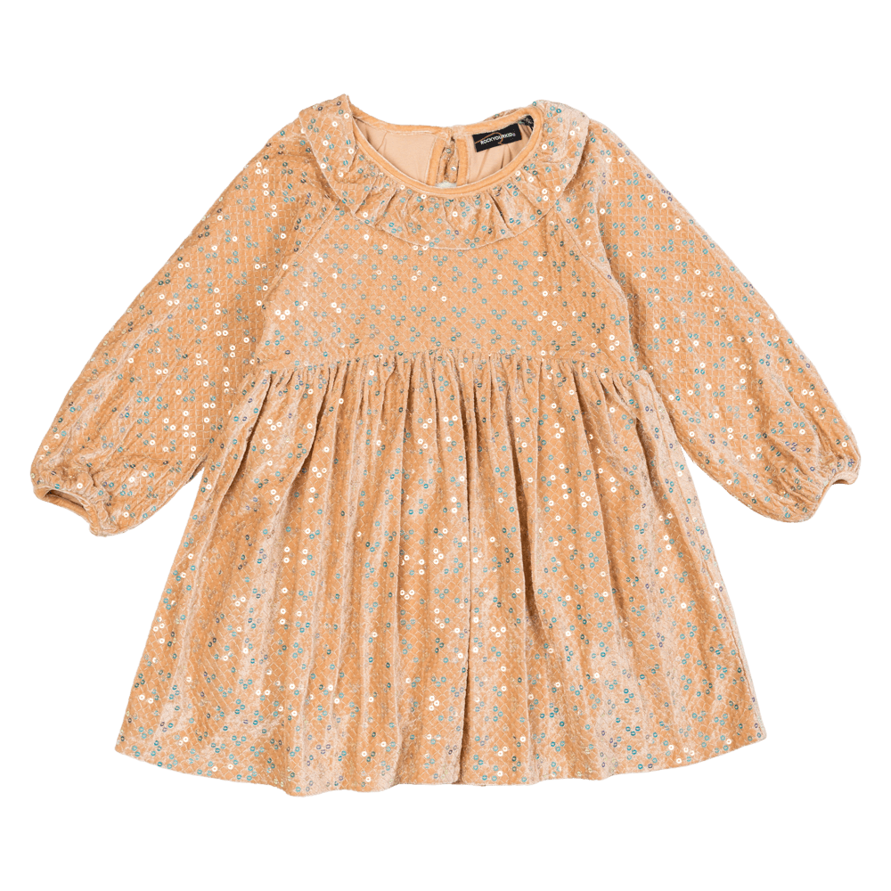 Rock your baby Taupe velvet LS sequin dress in cream