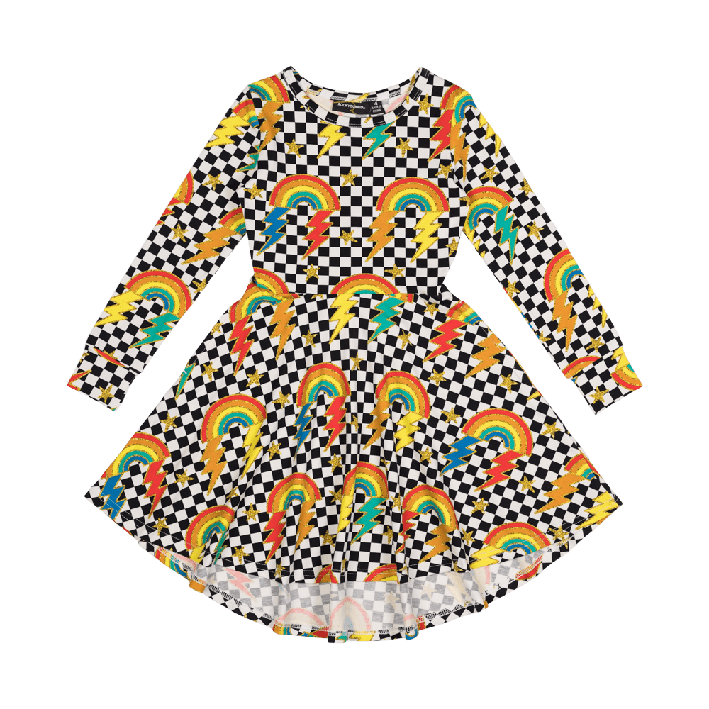 Rock your baby checkerboard rainbow LS waisted dress in multicolour