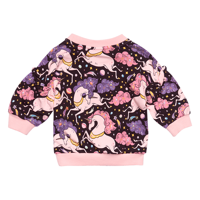 a back view of the Rock Your Baby Cosmic Unicorn Baby Sweatshirt Jumper