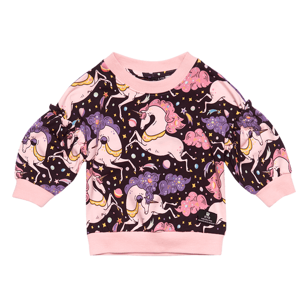 a front view of the Rock Your Baby Cosmic Unicorn Baby Sweatshirt Jumper