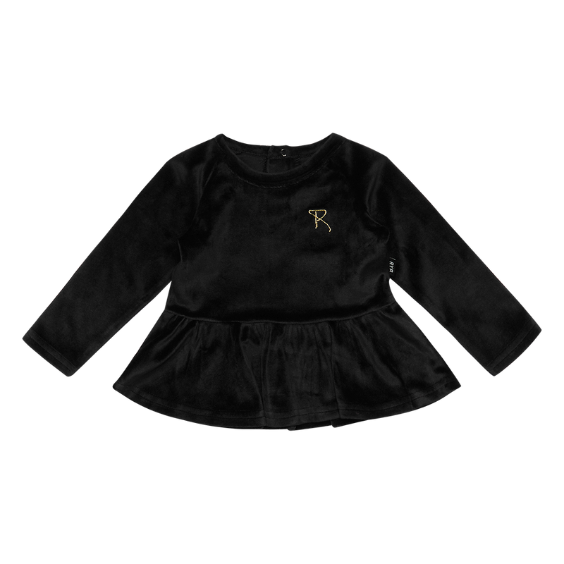 Rock Your Baby long sleeve baby t-shirt in black velvet front view