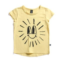 Minti Happy Sun short sleeve t-shirt in yellow laying on a flat background
