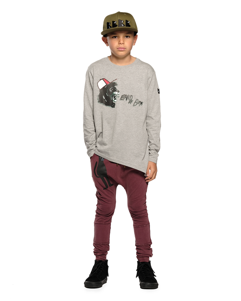 A Boy Wearing Band of Boys shouting lion asymmetric ls tee in marle grey front design