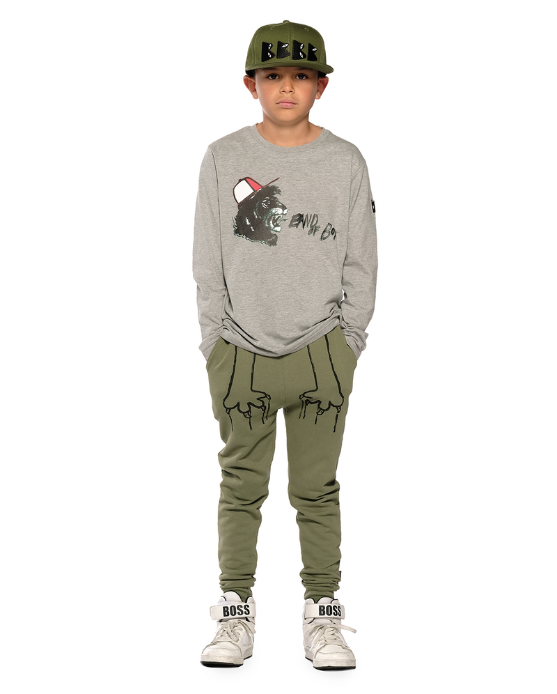 A Boy Wearing Band of Boys shouting lion asymmetric ls tee in marle grey front design