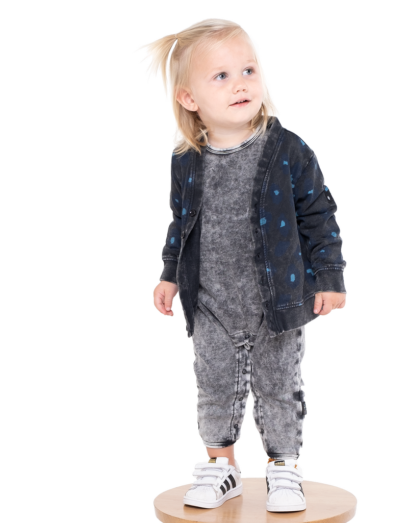 Band of boys organic cotton baby leopard print cardigan layered over the  Baby Paws Romper