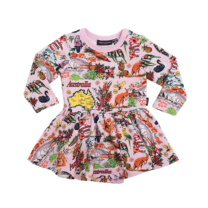 souvenir-tea-towel----long-sleeve-waisted-dress-in-multi colour print