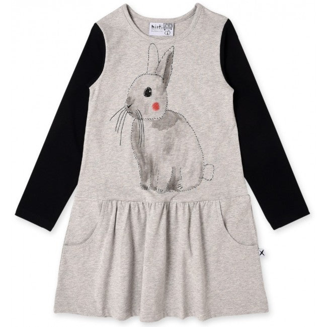 Minti long sleeve watercolor bunny girls dress in black and grey marle