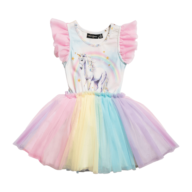 Rock your baby sorbet unicorn singlet circus dress with shoulder frills in multicolour