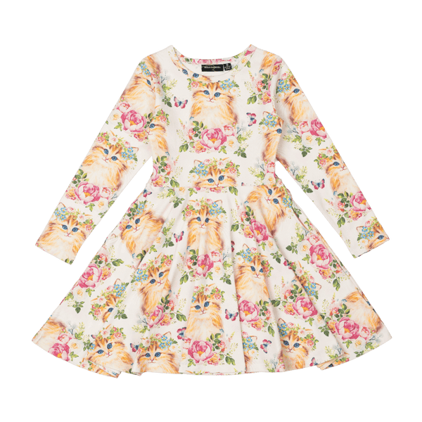 Rock Your Baby Kitty Kats Long Sleeve Waisted Dress in Multi