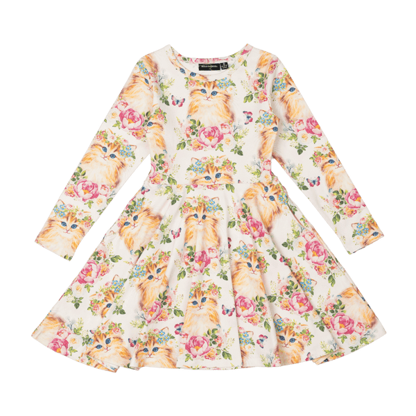 Rock Your Baby Kitty Kats Long Sleeve Waisted Dress in Multi