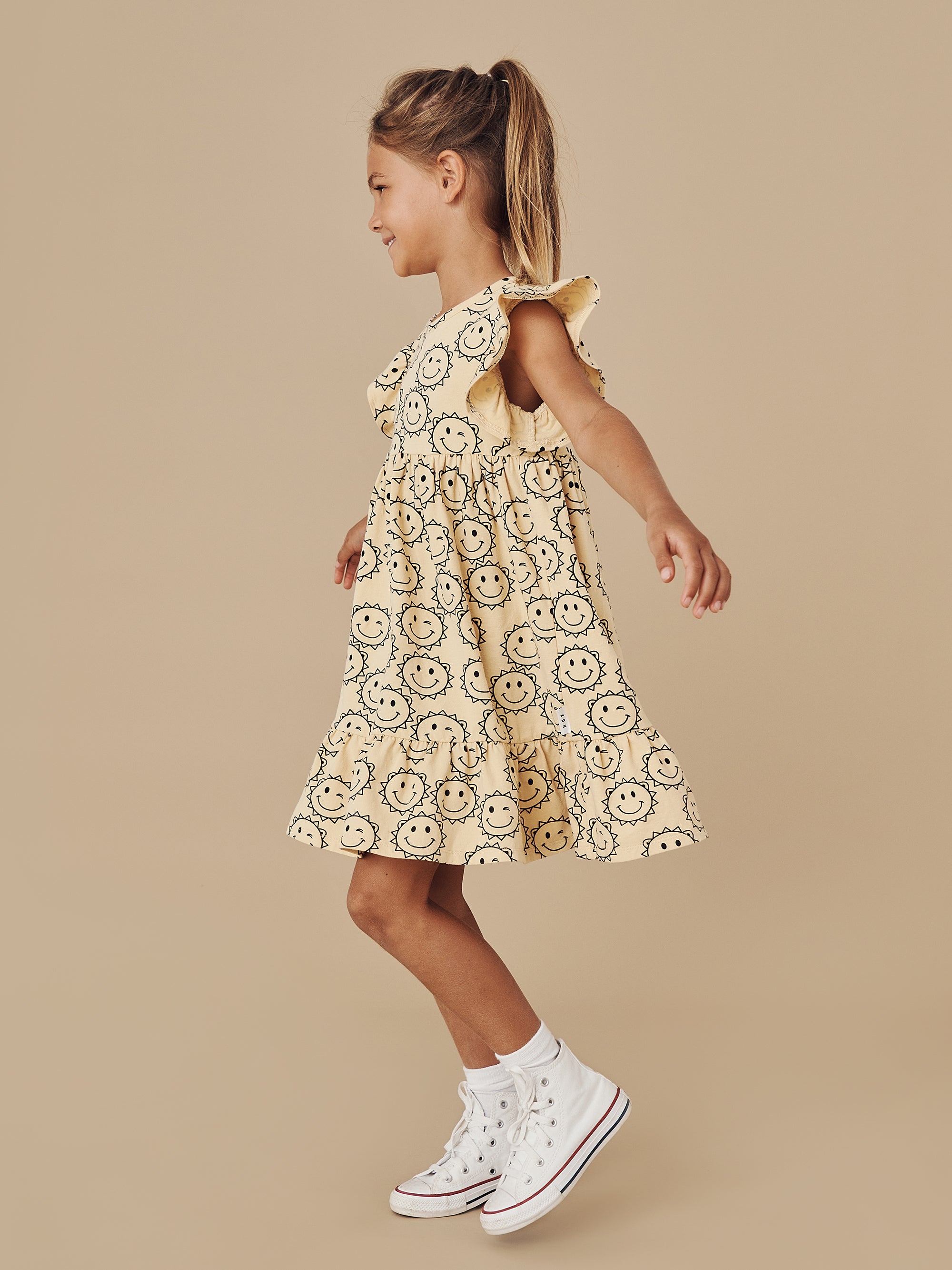 Huxbaby Sunny Smock Dress Sunny Bear Print in Yellow