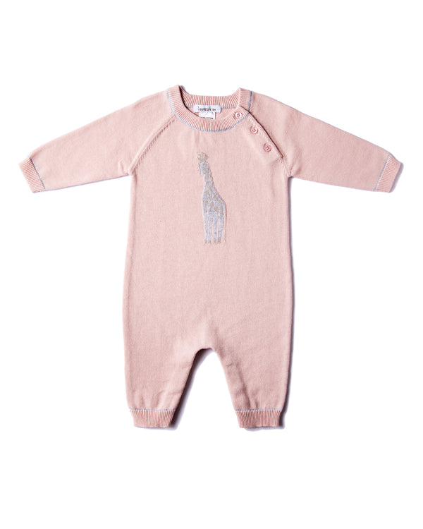 Beanstork Baby Giraffe Romper in pink cotton knit