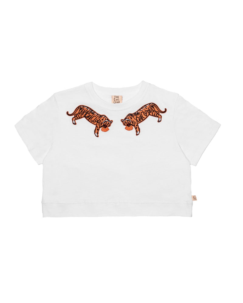 The Girl Club embroidered tigers crop tee in white