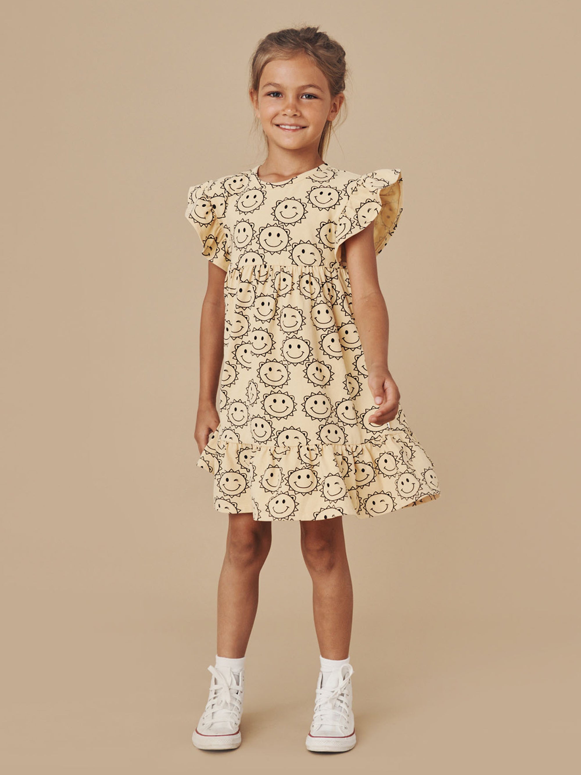 Huxbaby Sunny Smock Dress Sunny Bear Print in Yellow