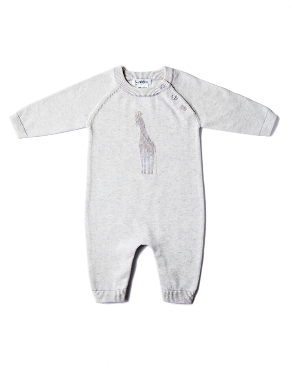 Beanstork Baby Giraffe Romper in grey marle cotton knit