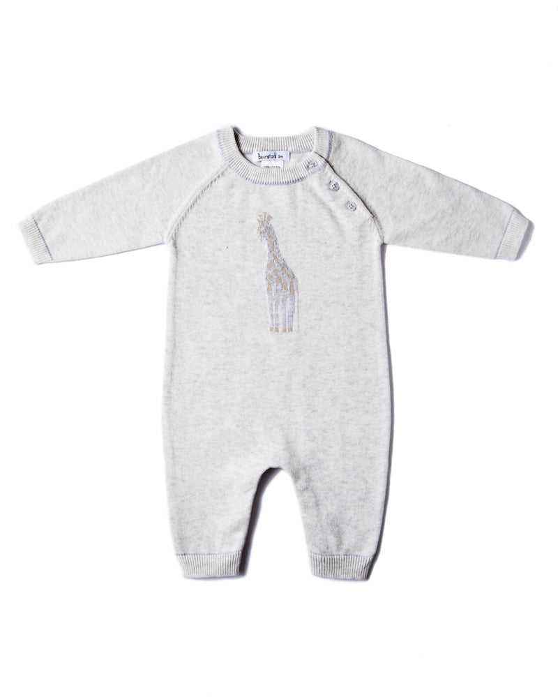 Beanstork Baby Giraffe Romper in grey marle cotton knit