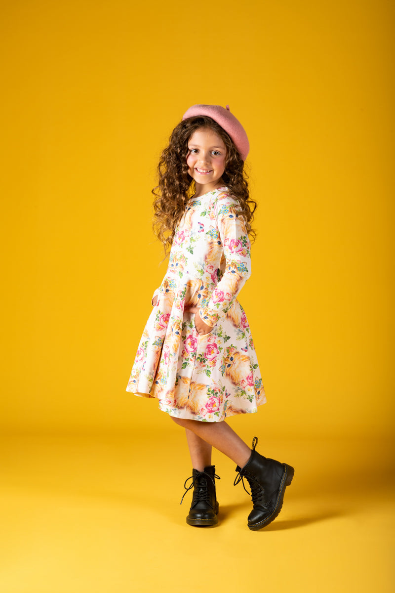 Rock Your Baby Kitty Kats Long Sleeve Waisted Dress in Multi