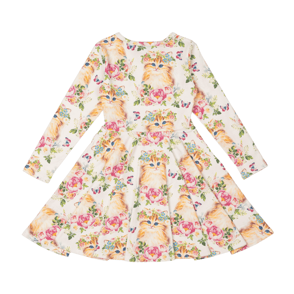 Rock Your Baby Kitty Kats Long Sleeve Waisted Dress in Multi