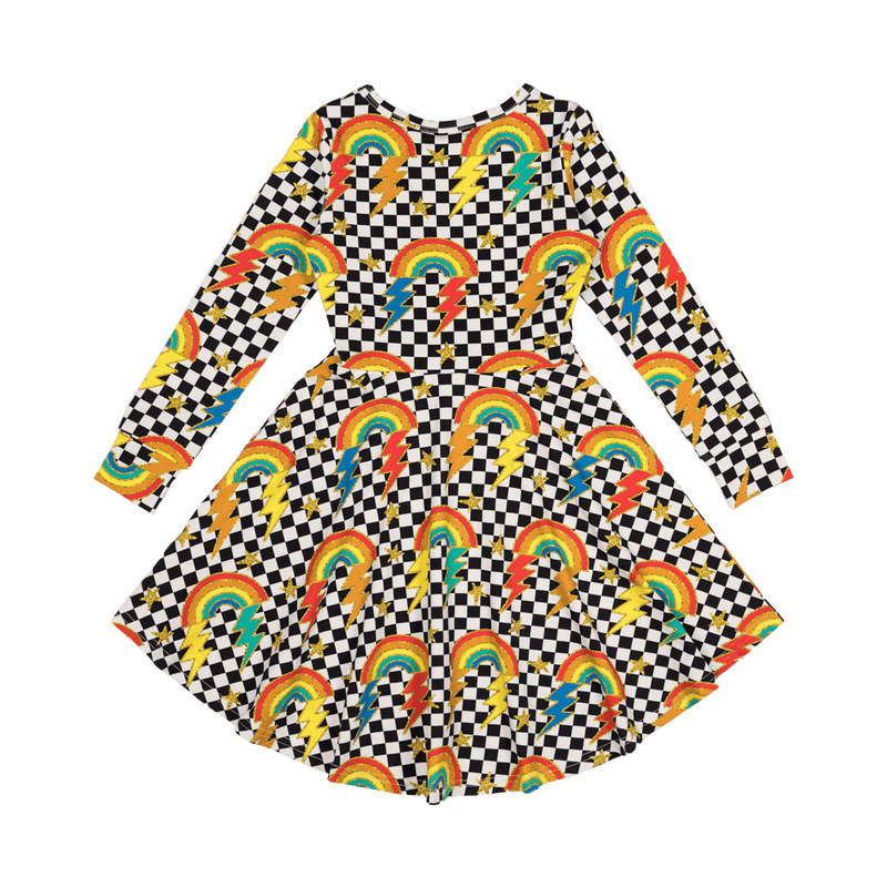 Rock your baby checkerboard rainbow LS waisted dress in multicolour